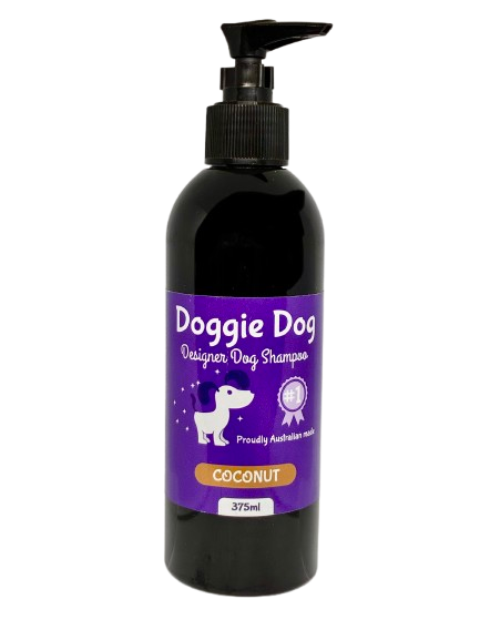 Black bottle of Doggie Dog coconut shampoo on a white background
