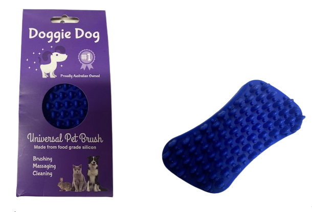 Blue pet brush with packaging labeled 'Doggie Dog' on a white background