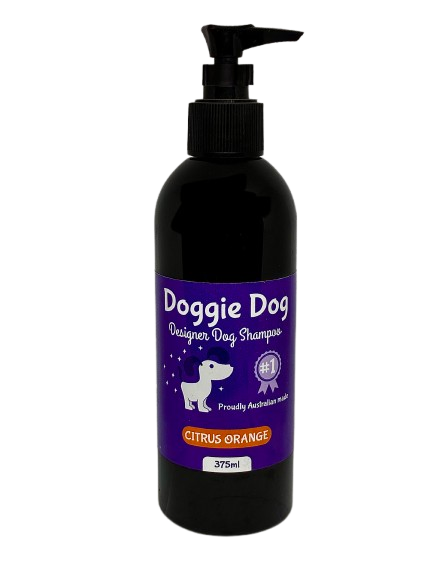 Doggie Dog shampoo bottle with purple label on a white background