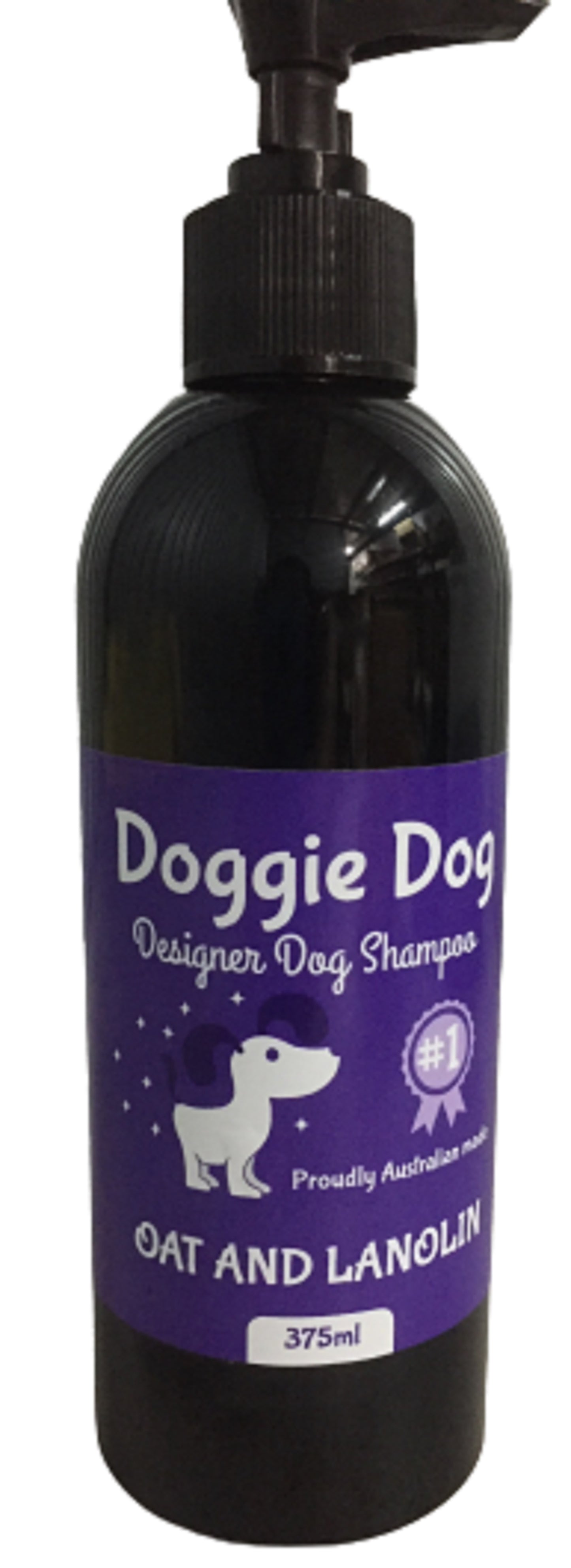 Black bottle of Doggie Dog shampoo with a purple label on a white background
