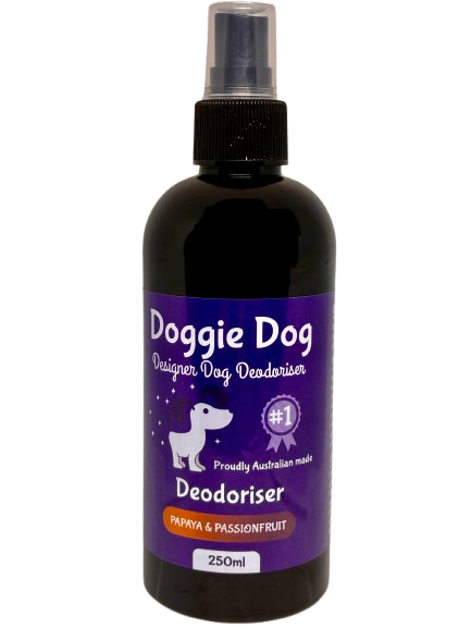 Doggie Dog Deodoriser bottle with purple label on a white background