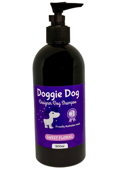 Doggie Dog shampoo bottle with purple label on a white background
