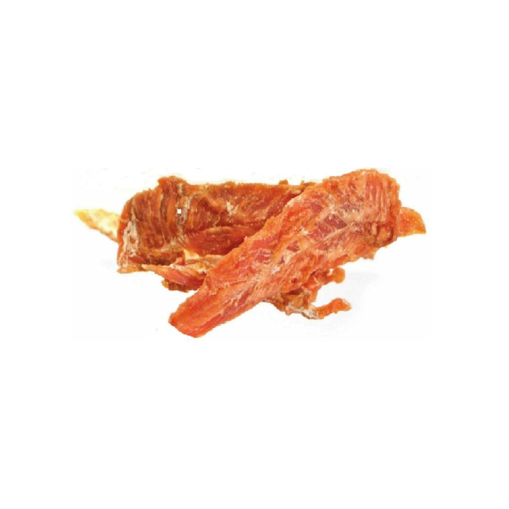 Dried meat strips on a white background