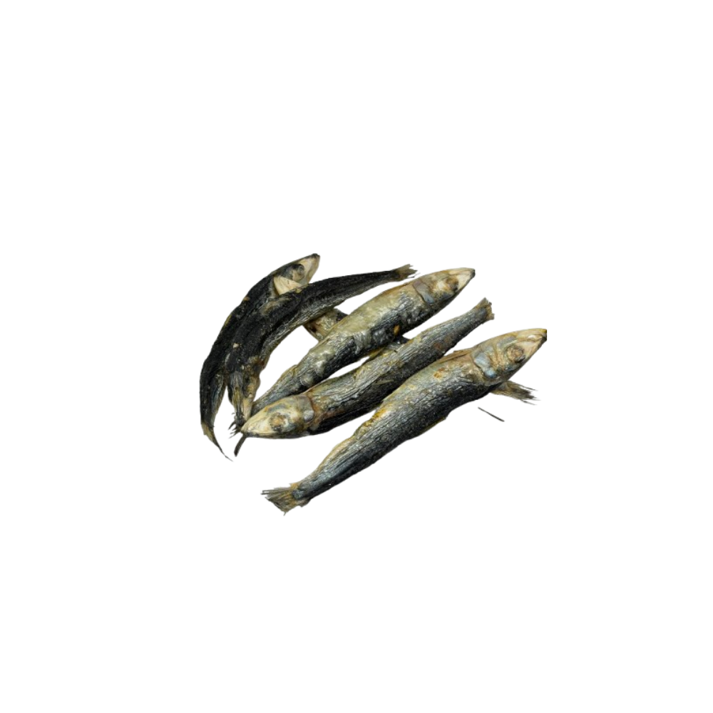 Three dried fish on a white background