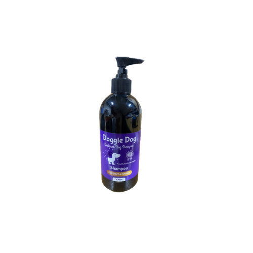 Bottle of dog shampoo with a pump on a white background