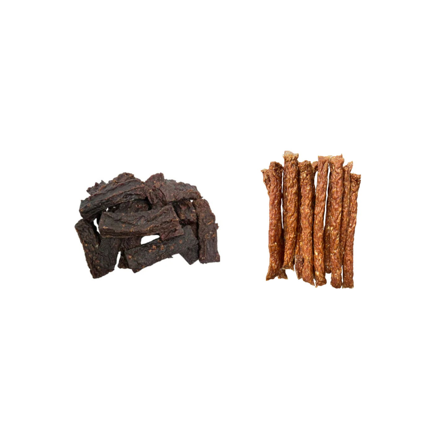 Two types of dog treats, one sliced and one as sticks, on a white background.